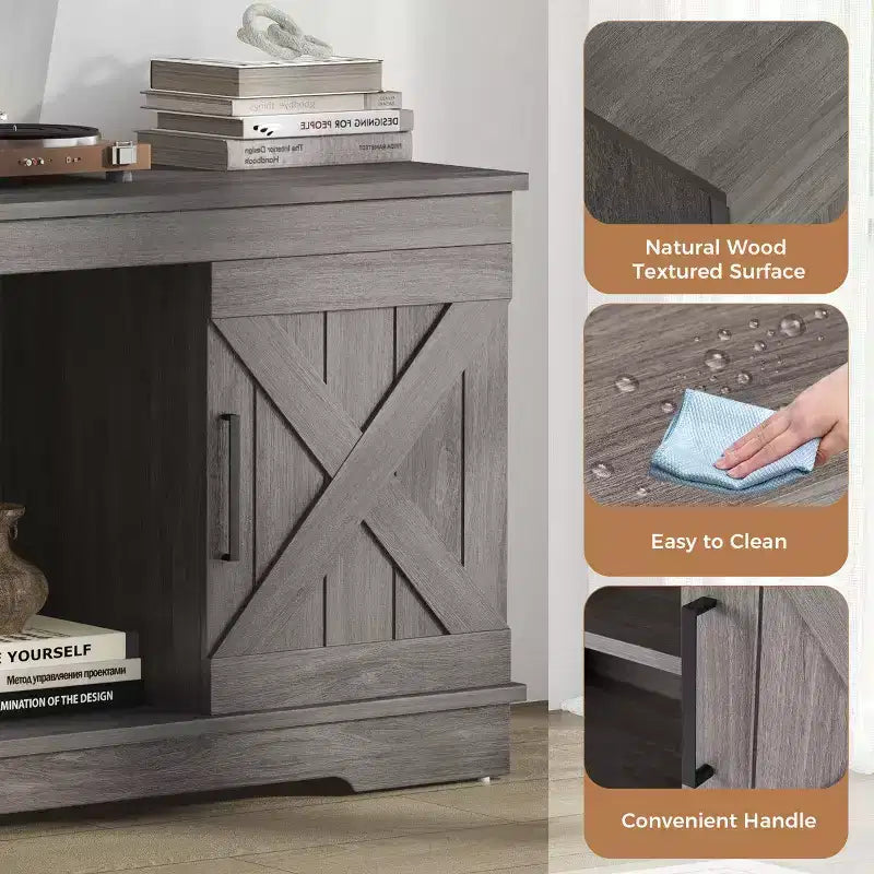 58" Modern Farmhouse TV Stand for TVs up to 65" - Natural Grey, 200 lbs Capacity, Adjustable Storage Shelves
