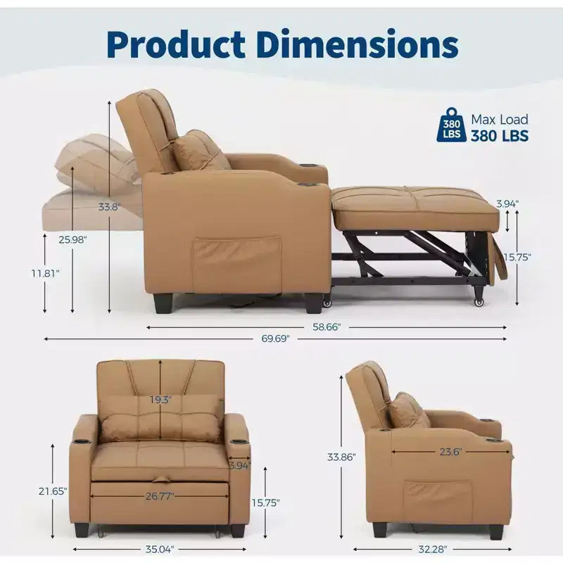 3-in-1 Convertible Sleeper Chair Bed with USB Ports, Cup Holders and Side Pockets