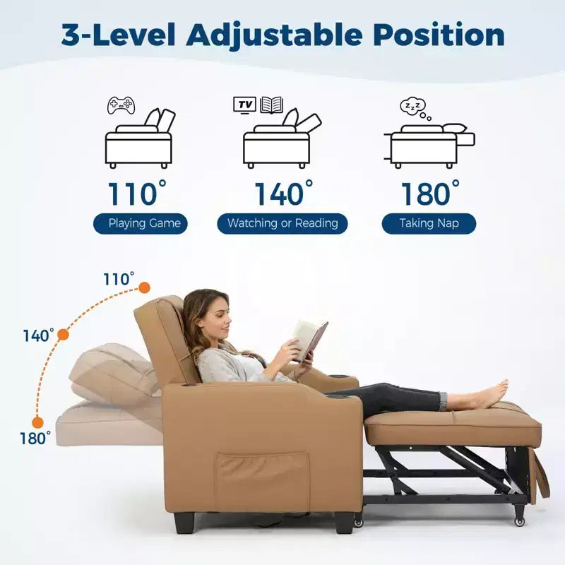 3-in-1 Convertible Sleeper Chair Bed with USB Ports, Cup Holders and Side Pockets
