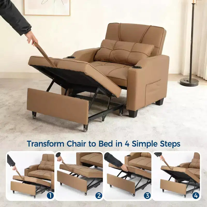 3-in-1 Convertible Sleeper Chair Bed with USB Ports, Cup Holders and Side Pockets