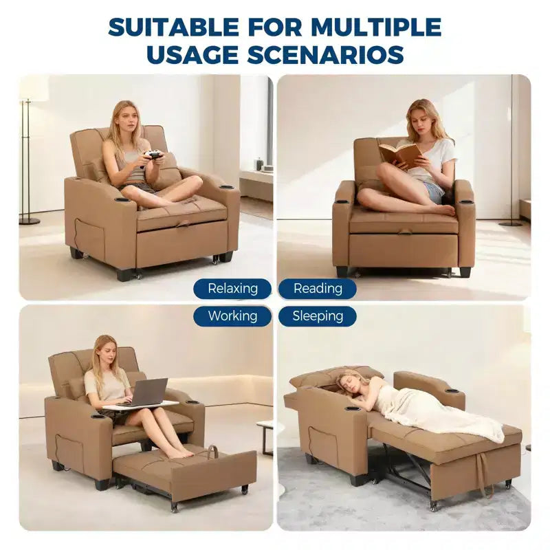 3-in-1 Convertible Sleeper Chair Bed with USB Ports, Cup Holders and Side Pockets