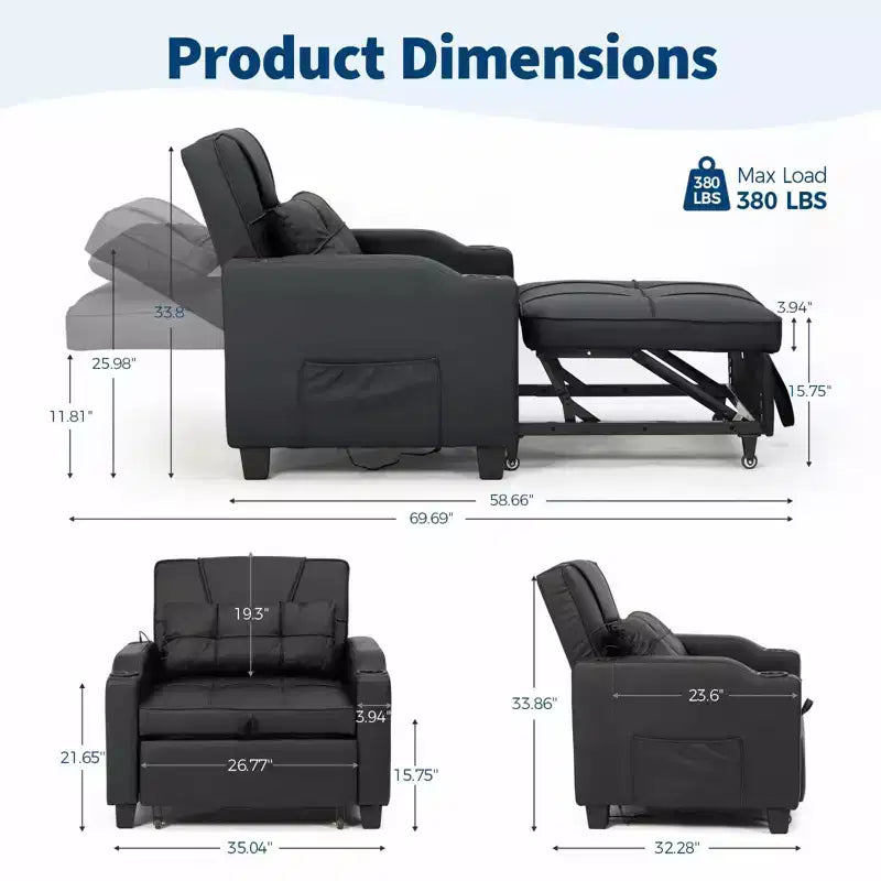 3-in-1 Convertible Sleeper Chair Bed with USB Ports, Cup Holders and Side Pockets