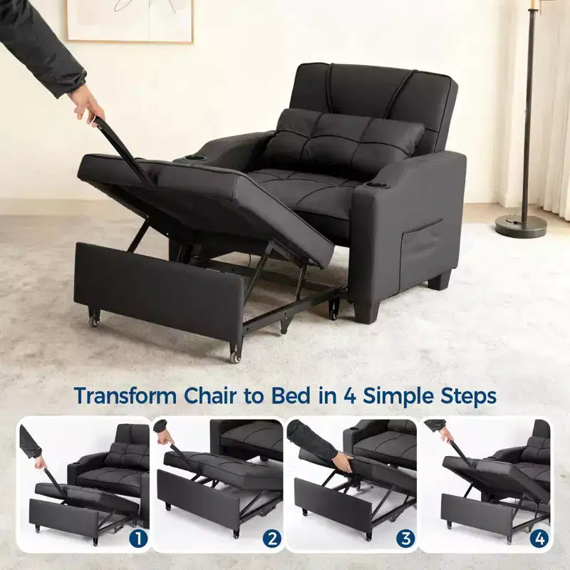 3-in-1 Convertible Sleeper Chair Bed with USB Ports, Cup Holders and Side Pockets