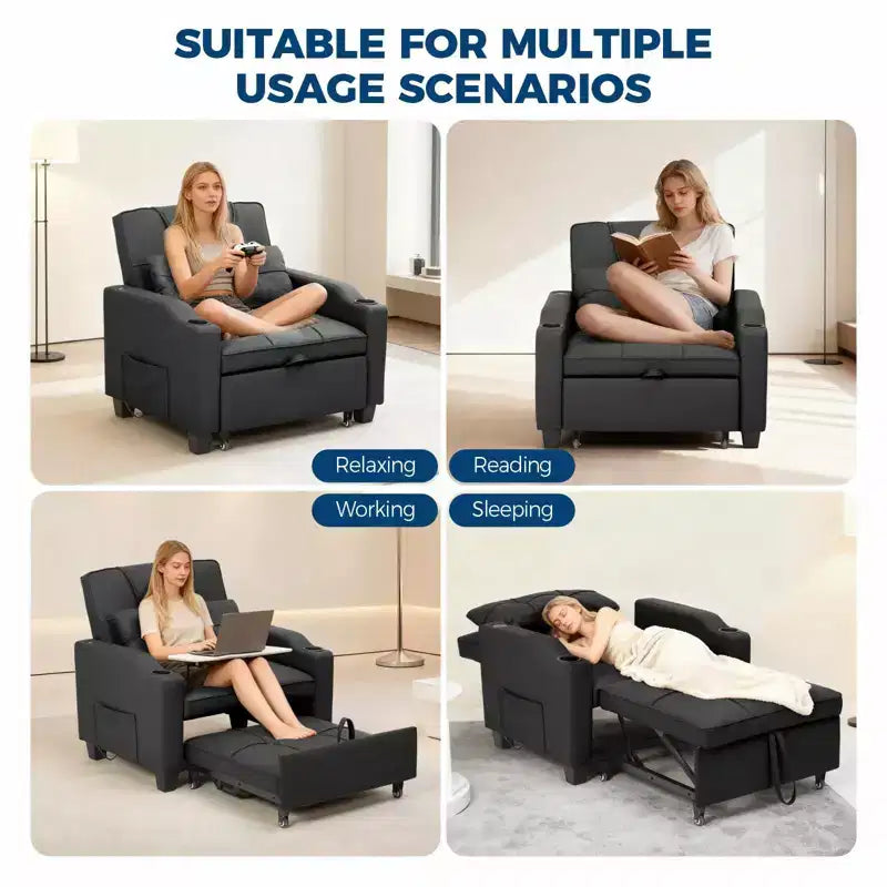 3-in-1 Convertible Sleeper Chair Bed with USB Ports, Cup Holders and Side Pockets