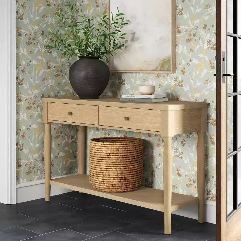 Turned Wood Console Table with Two Drawers - Natural