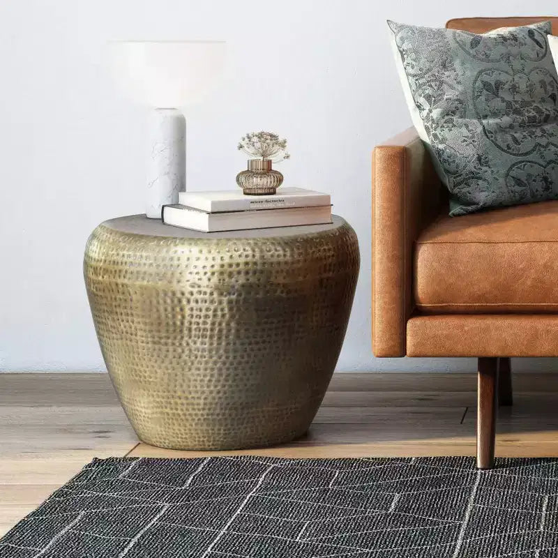 Round Metal Side Table with Hammered Texture