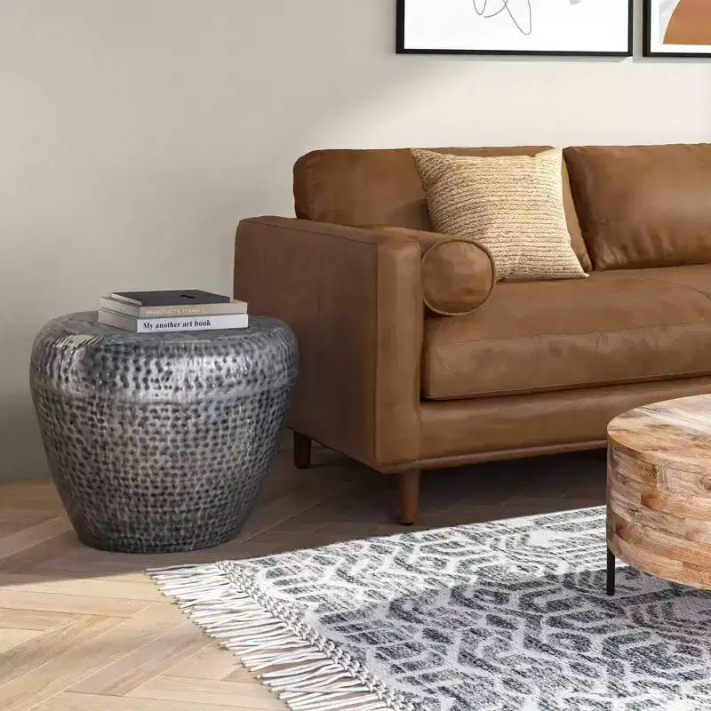 Round Metal Side Table with Hammered Texture
